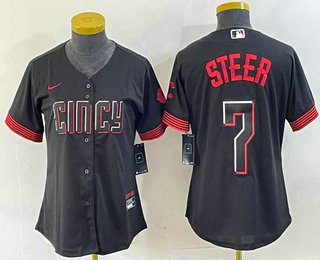 Women's Cincinnati Reds #7 Spencer Steer Black 2023 City Connect Cool Base Stitched Baseball Jersey 01