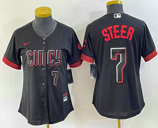 Women's Cincinnati Reds #7 Spencer Steer Numer Black 2023 City Connect Cool Base Stitched Baseball Jersey 01