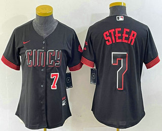 Women's Cincinnati Reds #7 Spencer Steer Numer Black 2023 City Connect Cool Base Stitched Baseball Jersey 02