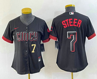 Women's Cincinnati Reds #7 Spencer Steer Numer Black 2023 City Connect Cool Base Stitched Baseball Jersey 03