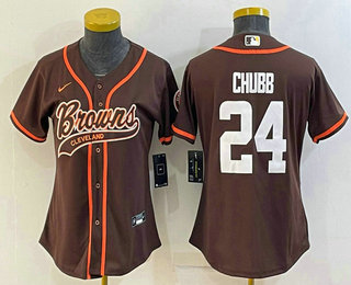 Women's Cleveland Browns #24 Nick Chubb Brown With Patch Cool Base Stitched Baseball Jersey