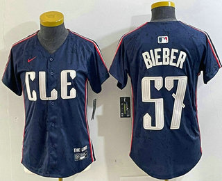 Women's Cleveland Guardians #57 Shane Bieber Navy 2024 City Connect Limited Stitched Jersey