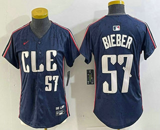 Women's Cleveland Guardians #57 Shane Bieber Number Navy 2024 City Connect Limited Stitched Jersey