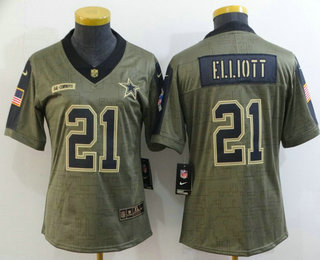 Women's Dallas Cowboys #21 Ezekiel Elliott 2021 Olive Salute To Service Limited Stitched Jersey