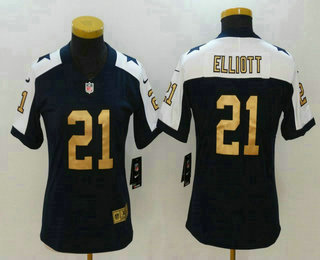 Women's Dallas Cowboys #21 Ezekiel Elliott Blue Thanksgiving with Gold 2017 Vapor Untouchable Stitched NFL Nike Limited Jersey