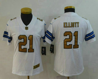 Women's Dallas Cowboys #21 Ezekiel Elliott White with Gold 2017 Vapor Untouchable Stitched Nike Limited Jersey