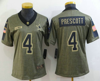 Women's Dallas Cowboys #4 Dak Prescott 2021 Olive Salute To Service Limited Stitched Jersey