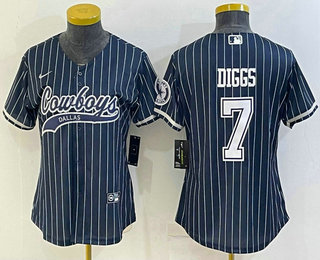 Women's Dallas Cowboys #7 Trevon Diggs Navy Blue Pinstripe With Patch Cool Base Stitched Baseball Jersey