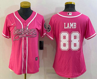 Women's Dallas Cowboys #88 CeeDee Lamb Pink With Patch Cool Base Stitched Baseball Jersey