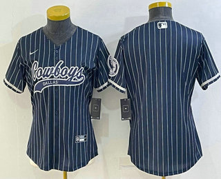 Women's Dallas Cowboys Blank Navy Blue Pinstripe With Patch Cool Base Stitched Baseball Jersey