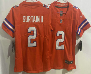 Women's Denver Broncos #2 Patrick Surtain II Limited Orange Throwback Vapor Jersey