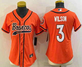 Women's Denver Broncos #3 Russell Wilson Orange With Patch Cool Base Stitched Baseball Jersey