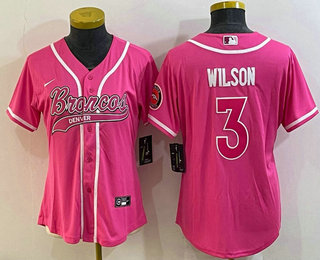 Women's Denver Broncos #3 Russell Wilson Pink With Patch Cool Base Stitched Baseball Jersey