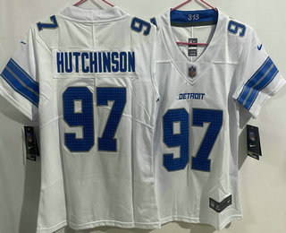 Women's Detroit Lions #97 Aidan Hutchinson Limited White 2024 Vapor Jersey