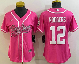 Women's Green Bay Packers #12 Aaron Rodgers Pink With Patch Cool Base Stitched Baseball Jersey