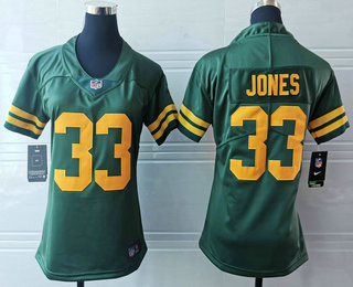 Women's Green Bay Packers #33 Aaron Jones Green Yellow 2021 Vapor Untouchable Stitched NFL Nike Limited Jersey