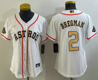 Women's Houston Astros #2 Alex Bregman 2023 White Gold World Serise Champions Patch Cool Base Stitched Jersey 01