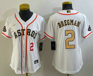 Women's Houston Astros #2 Alex Bregman Number 2023 White Gold World Serise Champions Patch Cool Base Stitched Jersey 01