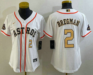 Women's Houston Astros #2 Alex Bregman Number 2023 White Gold World Serise Champions Patch Cool Base Stitched Jersey 02