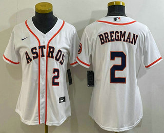 Women's Houston Astros #2 Alex Bregman Number White With Patch Stitched MLB Cool Base Nike Jersey