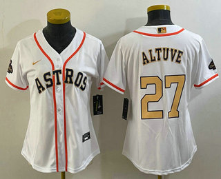 Women's Houston Astros #27 Jose Altuve 2023 White Gold World Serise Champions Patch Cool Base Stitched Jersey 01