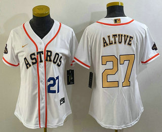 Women's Houston Astros #27 Jose Altuve Number 2023 White Gold World Serise Champions Patch Cool Base Stitched Jersey 01