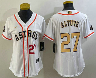 Women's Houston Astros #27 Jose Altuve Number 2023 White Gold World Serise Champions Patch Cool Base Stitched Jersey 03