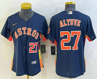 Women's Houston Astros #27 Jose Altuve Number Navy Blue With Patch Stitched MLB Cool Base Nike Jersey