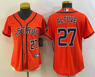 Women's Houston Astros #27 Jose Altuve Number Orange With Patch Stitched MLB Cool Base Nike Jersey