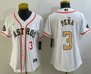 Women's Houston Astros #3 Jeremy Pena Number 2023 White Gold World Serise Champions Patch Cool Base Stitched Jersey 02