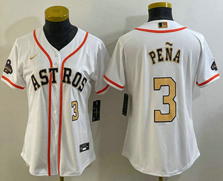 Women's Houston Astros #3 Jeremy Pena Number 2023 White Gold World Serise Champions Patch Cool Base Stitched Jersey 03