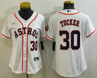 Women's Houston Astros #30 Kyle Tucker Number White With Patch Stitched MLB Cool Base Nike Jersey