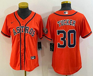 Women's Houston Astros #30 Kyle Tucker Orange With Patch Stitched MLB Cool Base Nike Jersey