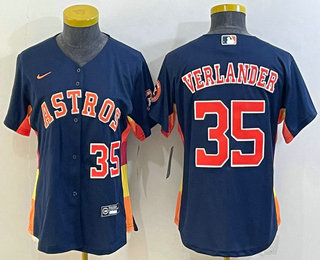 Women's Houston Astros #35 Justin Verlander Number Navy Blue With Patch Stitched MLB Cool Base Nike Jersey