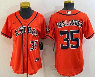 Women's Houston Astros #35 Justin Verlander Number Orange With Patch Stitched MLB Cool Base Nike Jersey