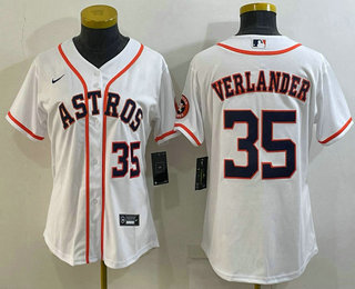 Women's Houston Astros #35 Justin Verlander Number White With Patch Stitched MLB Cool Base Nike Jersey