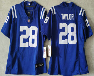 Women's Indianapolis Colts #28 Jonathan Taylor Blue 2024 FUSE Vapor Limited Stitched Jersey