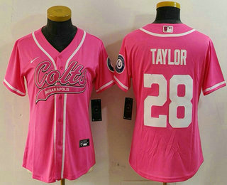 Women's Indianapolis Colts #28 Jonathan Taylor Pink With Patch Cool Base Stitched Baseball Jersey