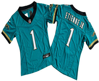 Women's Jacksonville Jaguars #1 Travis Etienne JR Teal 2024 FUSE Prowler Throwback Vapor Limited Stitched Jersey