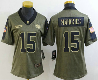 Women's Kansas City Chiefs #15 Patrick Mahomes 2021 Olive Salute To Service Limited Stitched Jersey