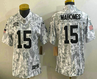 Women's Kansas City Chiefs #15 Patrick Mahomes Arctic Camo 2024 FUSE Salute to Service Limited Stitched Jersey