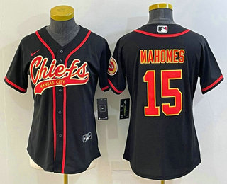 Women's Kansas City Chiefs #15 Patrick Mahomes Black With Patch Cool Base Stitched Baseball Jersey