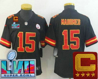 Women's Kansas City Chiefs #15 Patrick Mahomes Limited Black C Patch Super Bowl LVII Vapor Jersey