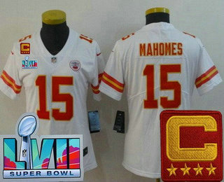 Women's Kansas City Chiefs #15 Patrick Mahomes Limited White C Patch Super Bowl LVII Vapor Jersey