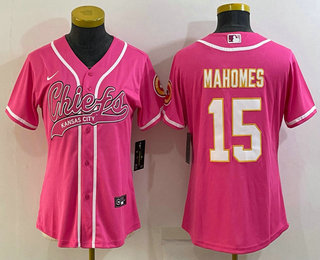 Women's Kansas City Chiefs #15 Patrick Mahomes Pink White With Patch Cool Base Stitched Baseball Jersey