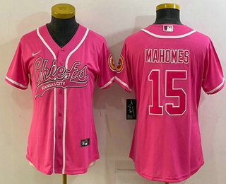 Women's Kansas City Chiefs #15 Patrick Mahomes Pink With Patch Cool Base Stitched Baseball Jersey