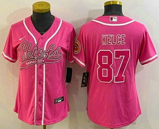 Women's Kansas City Chiefs #87 Travis Kelce Pink With Patch Cool Base Stitched Baseball Jersey