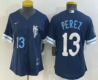 Women's Kansas City Royals #13 Salvador Perez Number 2022 Navy Blue City Connect Cool Base Stitched Jersey