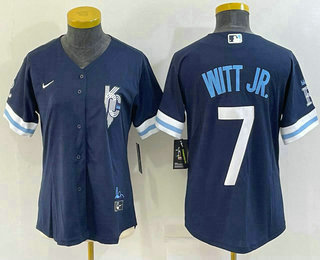 Women's Kansas City Royals #7 Bobby Witt Jr 2022 Navy Blue City Connect Cool Base Stitched Jersey