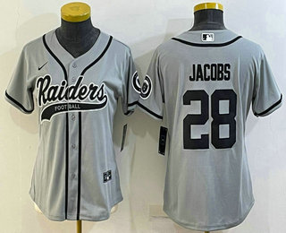 Women's Las Vegas Raiders #28 Josh Jacobs Grey With Patch Cool Base Stitched Baseball Jersey